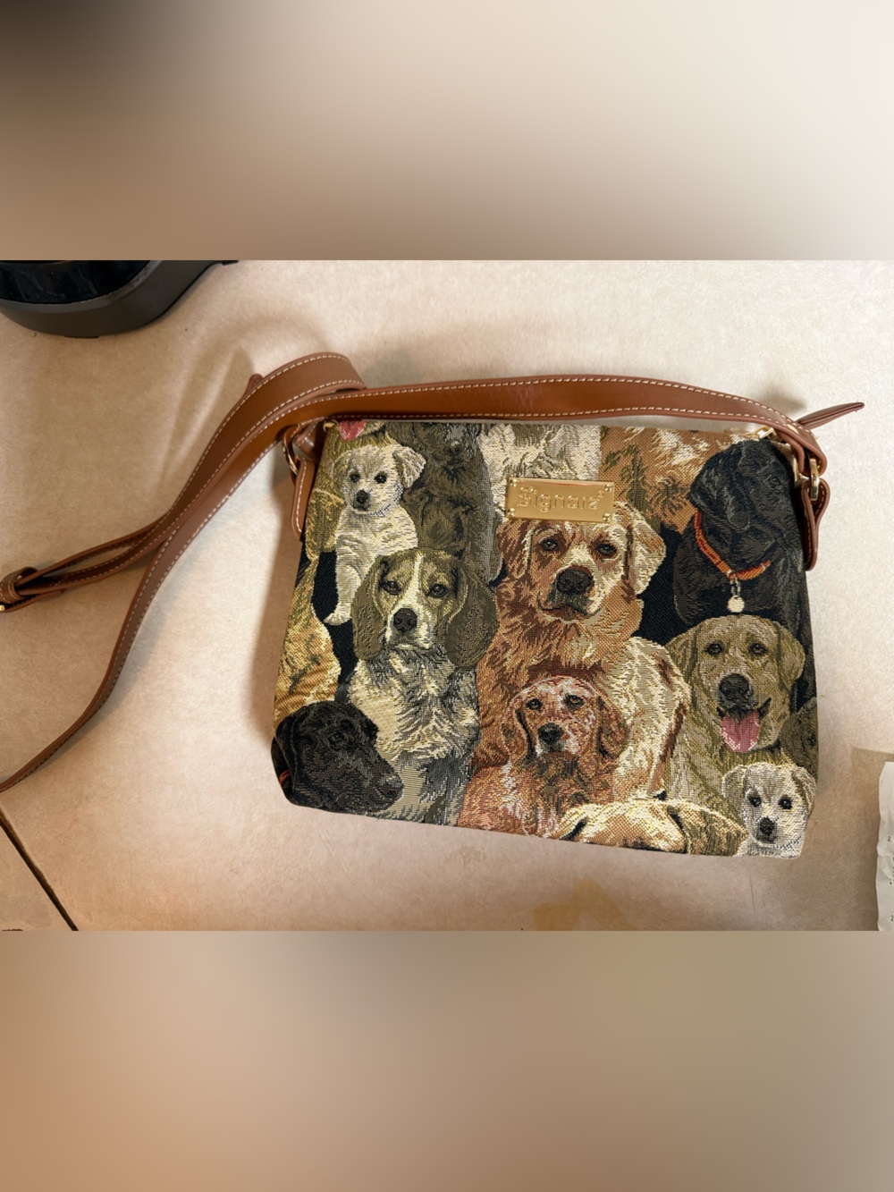 Signare Labrador retrievers dog  Tapestry Crossbody Brown Leather Strap image  l